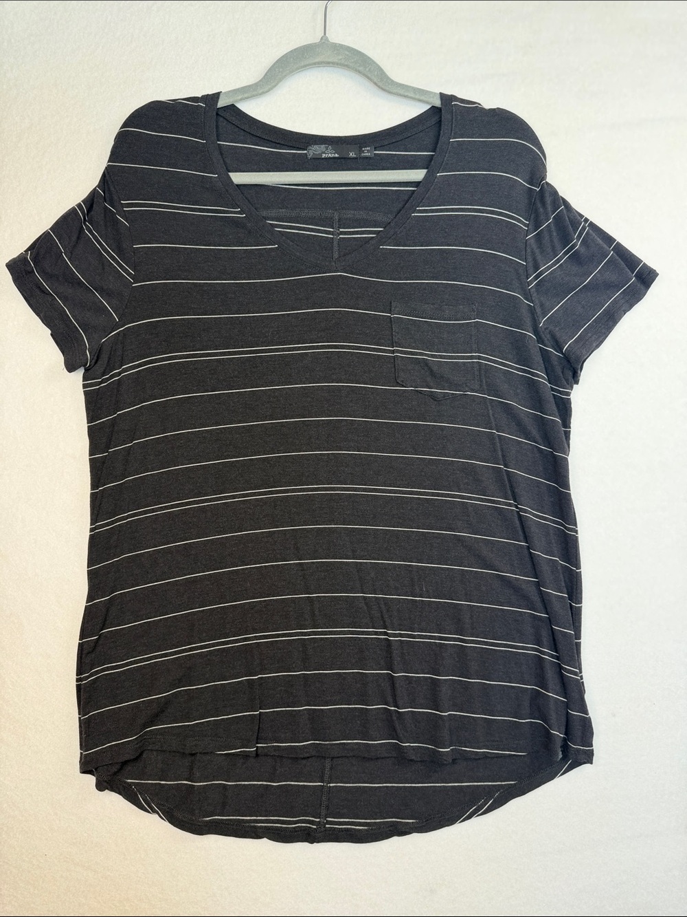 Prana Black Short-Sleeve V-Neck Striped Pocket Tee